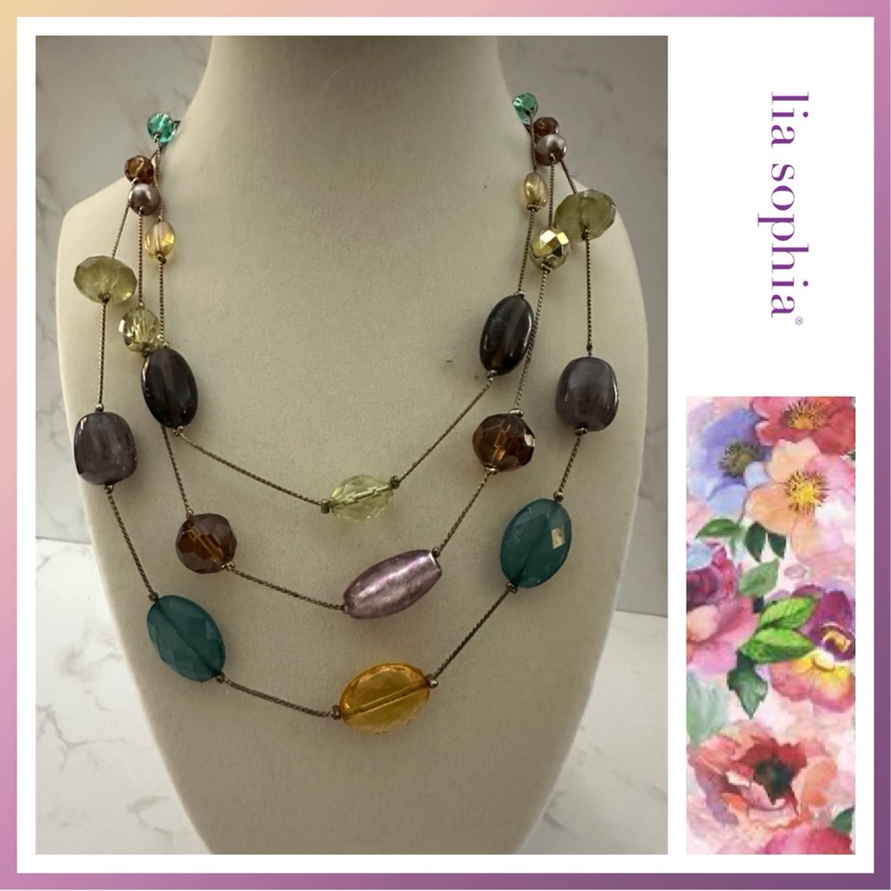 Lia Sophia MURAL Necklace 17-20” Mixed Colorful Beads.  Gold Tone.